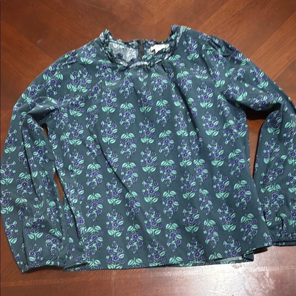 J. Crew Blue Ruffled Long Sleeve Blouse poplin floral